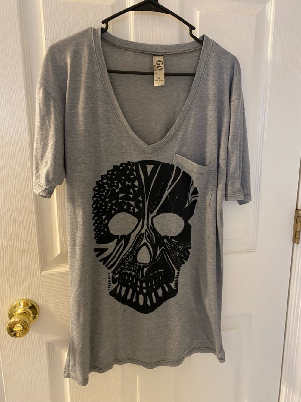 Gray V-Neck Tee with Black Graphic Skull